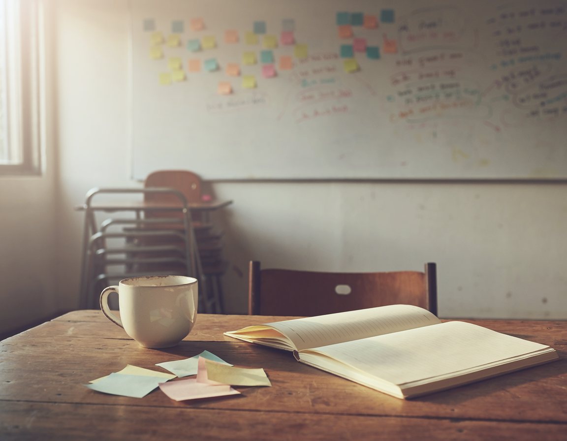 Classroom table with an open notebook, a coffee mug and sticky notes, a whiteboard behind