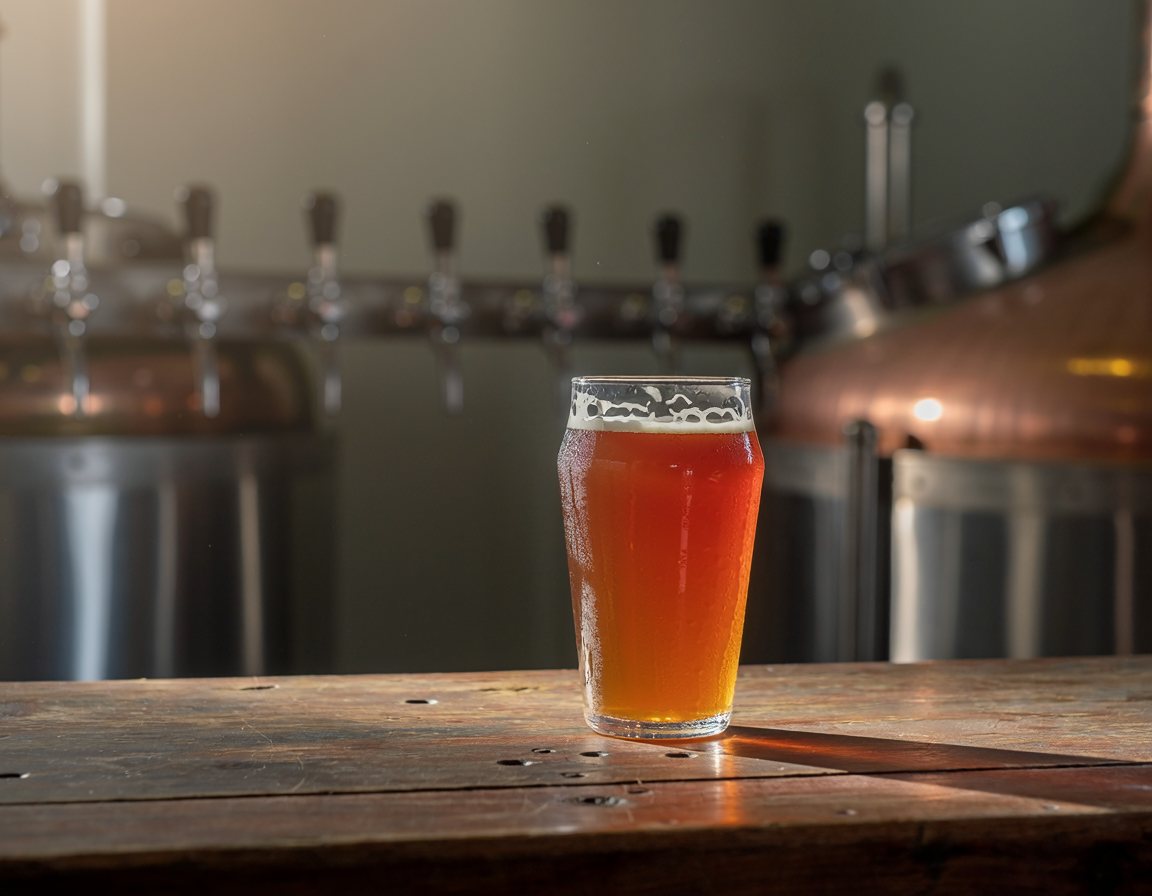 A pint of amber beer on a wooden bar in front of a row of taps and steel tanks